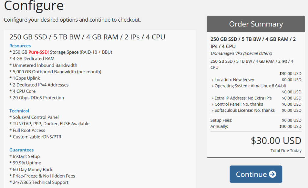 VPS 250 GB SSD / 5 TB BW / 4 GB RAM / 2 IPs / 4 CPU chỉ 30$/năm